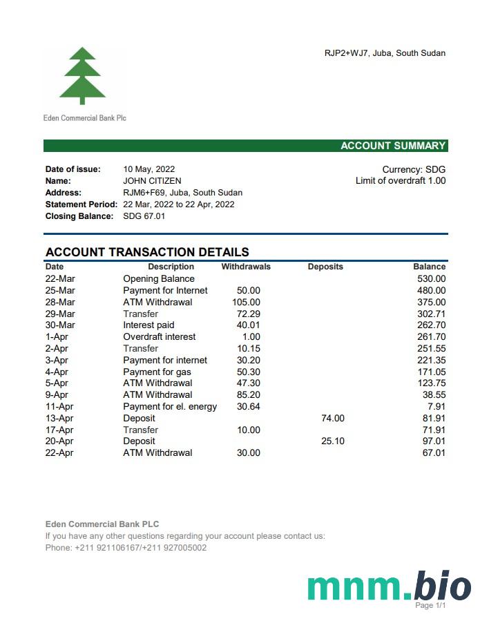 South Sudan Eden commercial wyciąg bankowy, Excel and PDF template